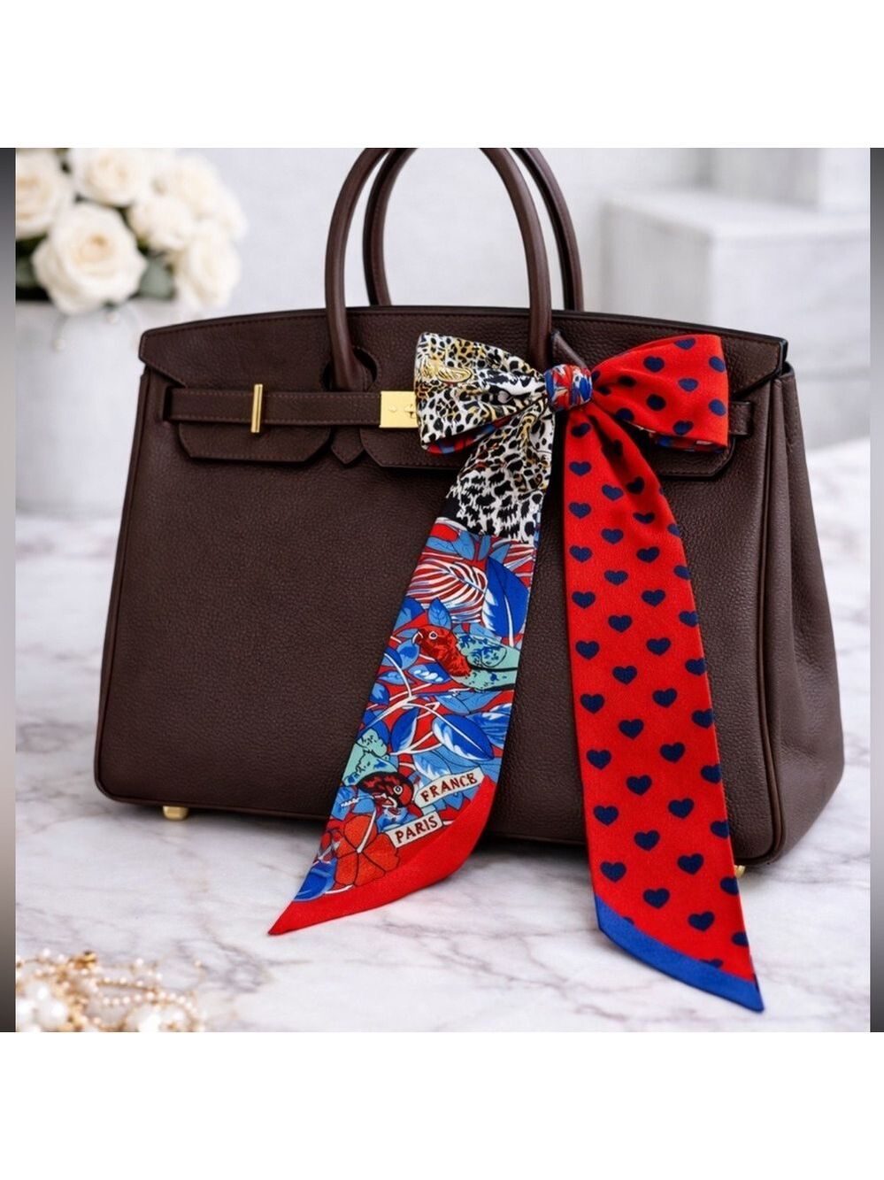 PARROT CHEETAH HEARTS SKINNY SCARF PARIS PRINT BAG HANDLE WRAP BANDEAU HAIR TIE